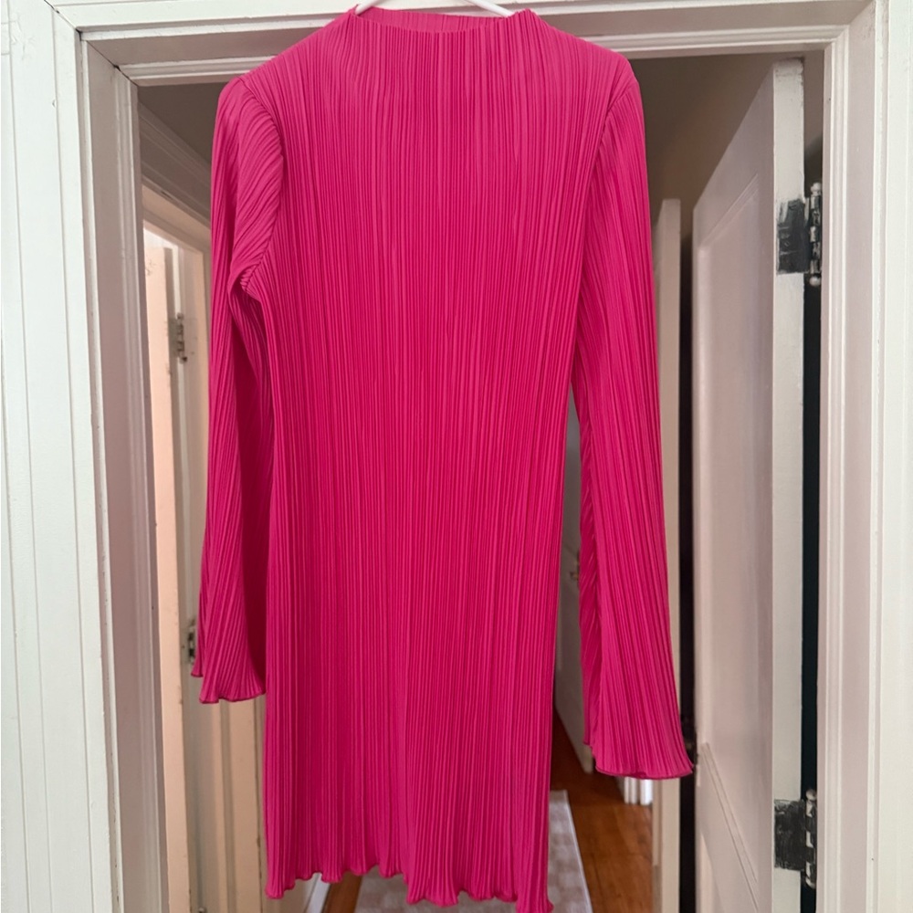 Vibrant Pink Pleated Long Sleeve Dress